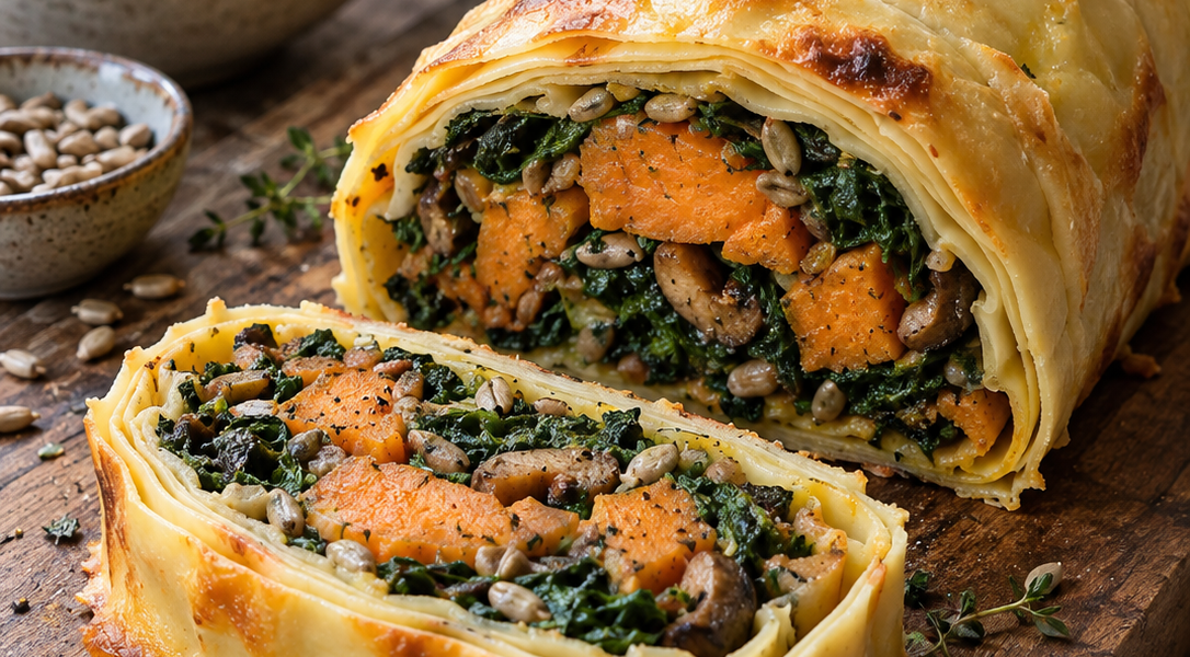 Süßkartoffel Wellington mit Spinat, Pilzen und Lasagneblättern