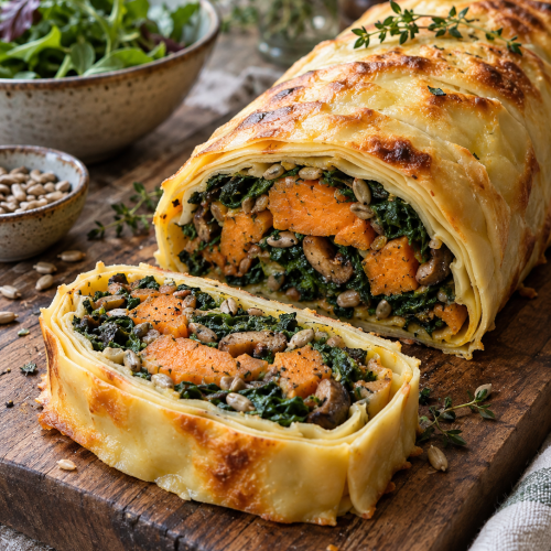 Süßkartoffel Wellington mit Spinat, Pilzen und Lasagneblättern
