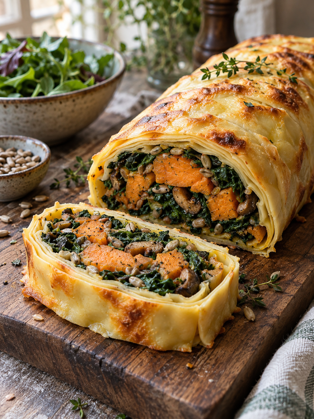 Süßkartoffel Wellington mit Spinat, Pilzen und Lasagneblättern