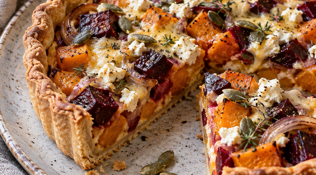 Sauerrahm-Mürbteigkuchen mit Kürbis, Roten Rüben und Käse
