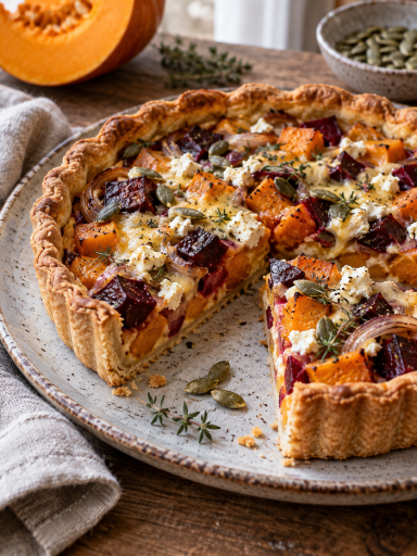 Sauerrahm-Mürbteigkuchen mit Kürbis, Roten Rüben und Käse