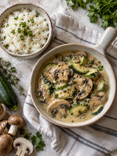 Reis mit Champignon-Zucchini Sauce