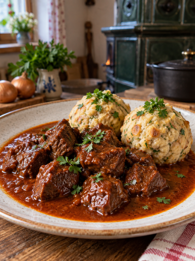 Österreichisches Rindsgulasch mit Semmelknödeln