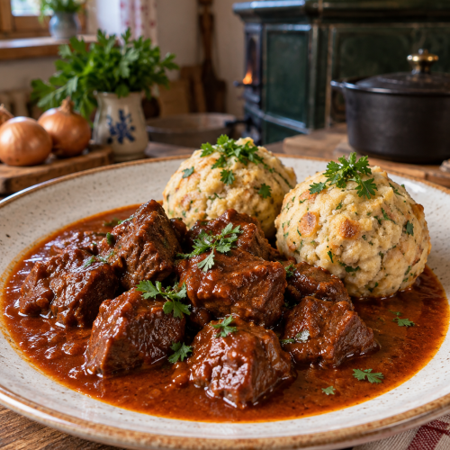 Österreichisches Rindsgulasch mit Semmelknödeln