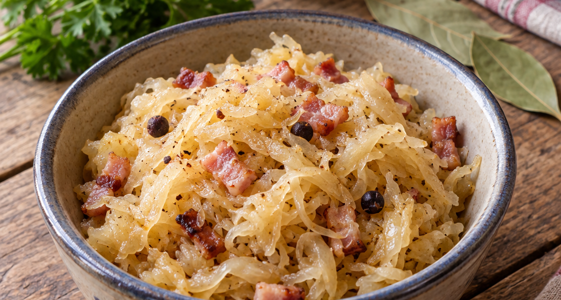 Gedünstetes Sauerkraut mit Speck und Wacholderbeeren