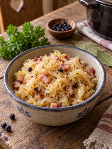 Gedünstetes Sauerkraut mit Speck und Wacholderbeeren