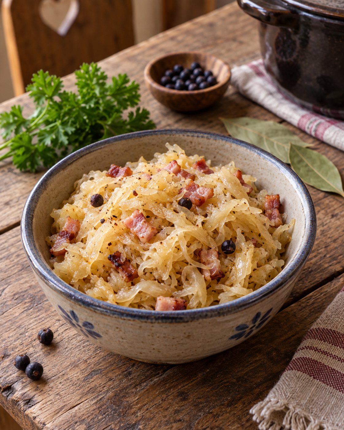 Gedünstetes Sauerkraut mit Speck und Wacholderbeeren