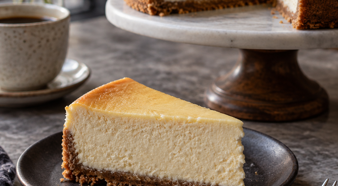 Stück New-York-Cheesecake vor dem angeschnittenen Kuchen auf einer Tortenplatte