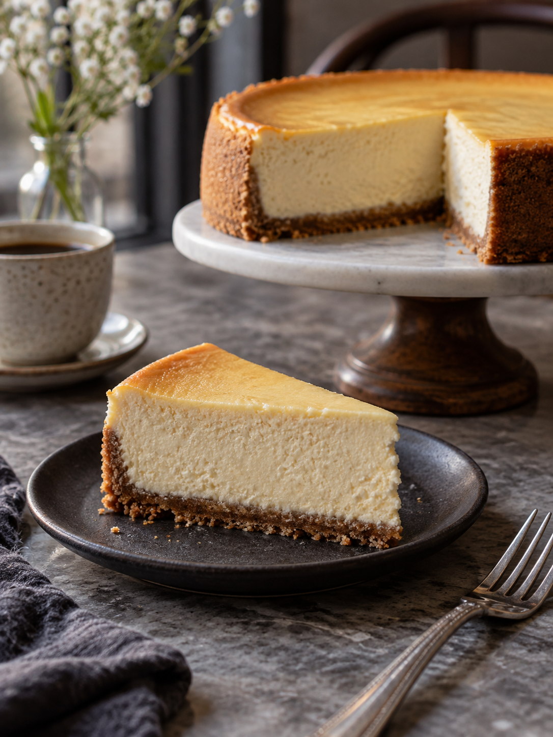 Stück New-York-Cheesecake vor dem angeschnittenen Kuchen auf einer Tortenplatte