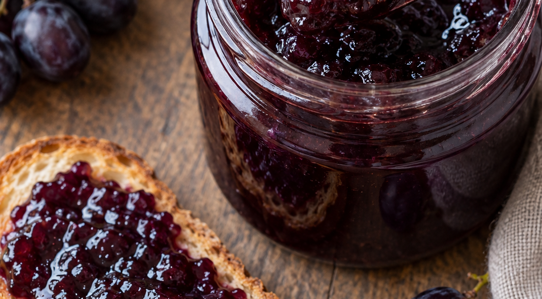 Traubenmarmelade mit Minze und Chili im Glas
