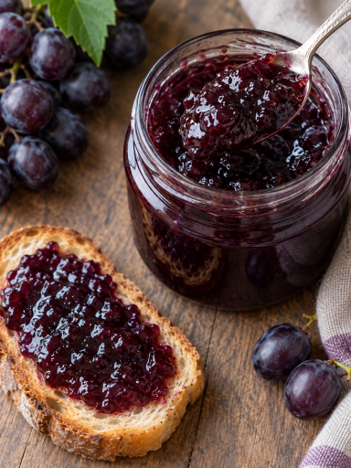 Traubenmarmelade mit Minze und Chili im Glas