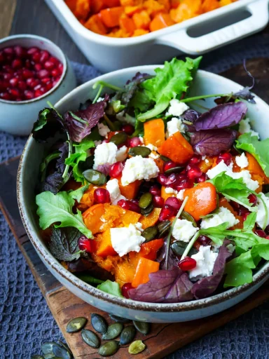 Kürbissalat mit Hokkaido, Feta, Granatapfel und Kürbiskernen