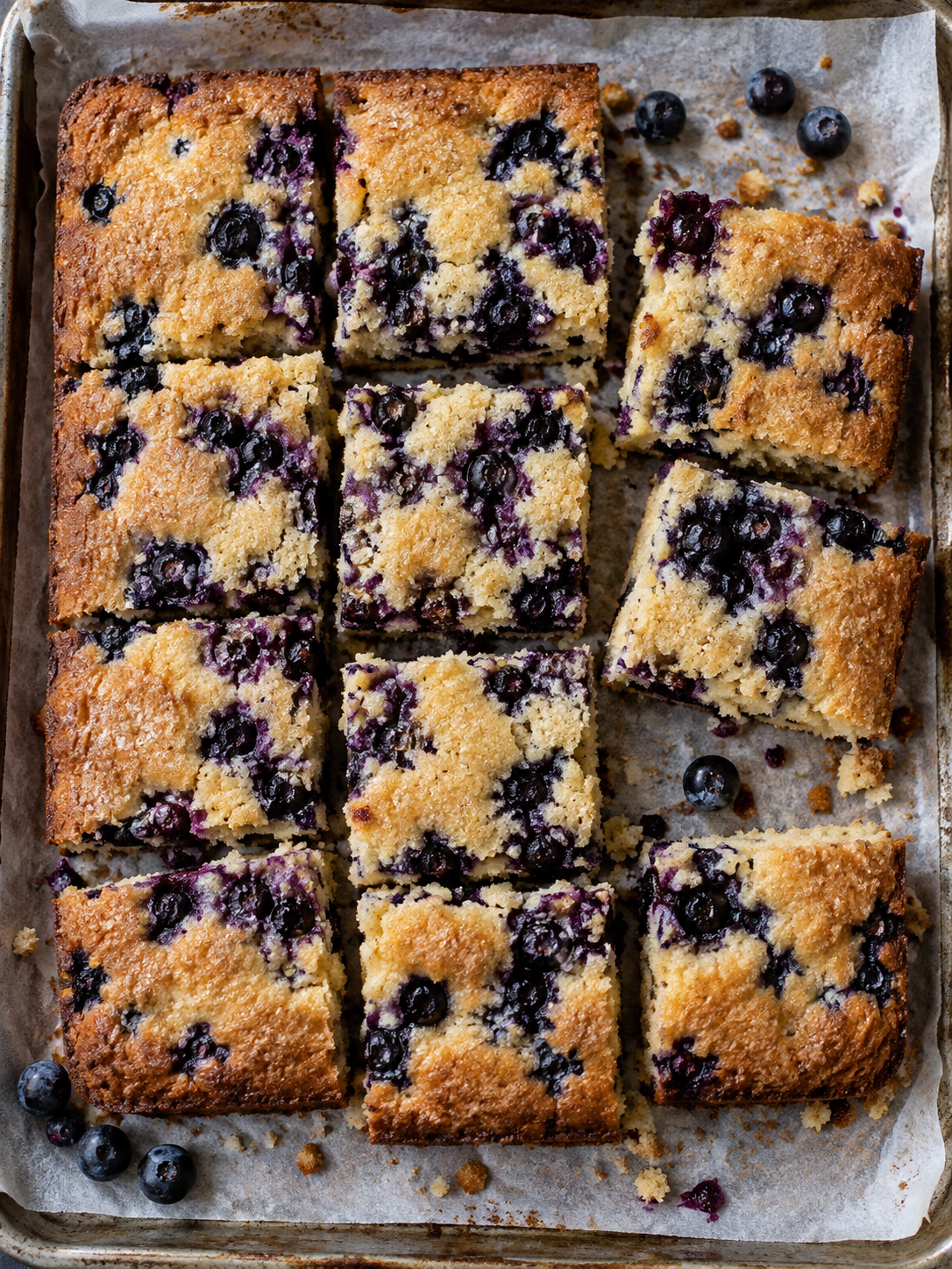 Stücke Heidelbeer-Blechkuchen direkt auf Backpapier von oben fotografiert