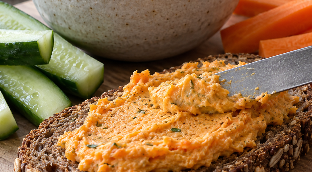 Karottenaufstrich auf dunklem Körnerbrot mit frischen Gemüsesticks