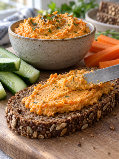 Karottenaufstrich auf dunklem Körnerbrot mit frischen Gemüsesticks