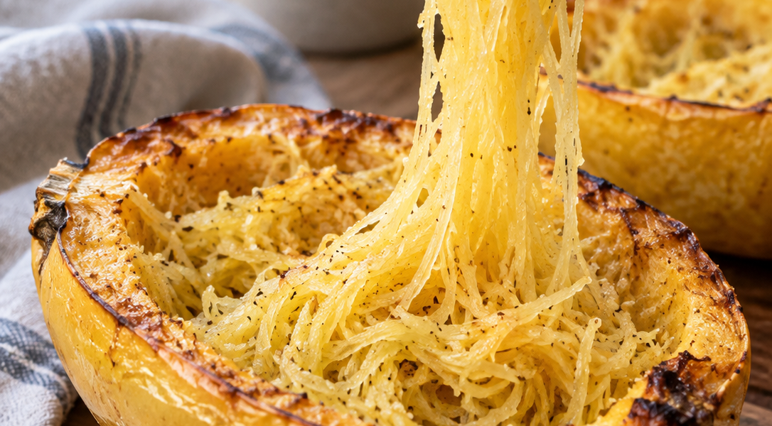 Gegarter Spaghettikürbis mit einer Gabel herausgezogenen Kürbisfäden