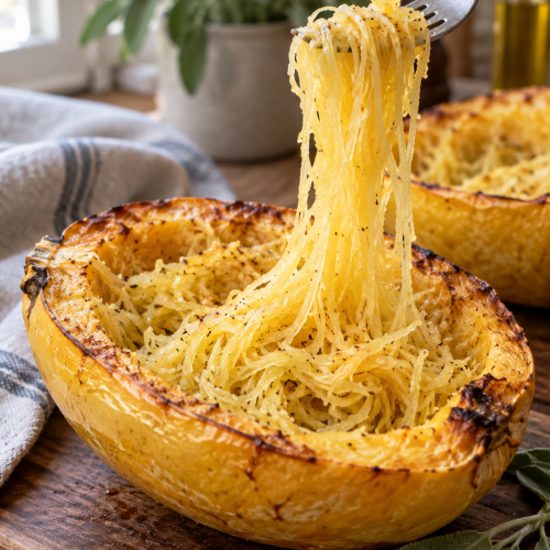 Gegarter Spaghettikürbis mit einer Gabel herausgezogenen Kürbisfäden