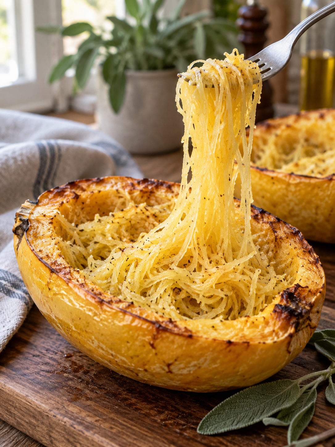 Gegarter Spaghettikürbis mit einer Gabel herausgezogenen Kürbisfäden