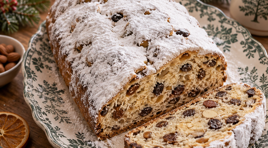 Christstollen mit Puderzucker und aufgeschnittener Scheibe auf einer Tortenplatte