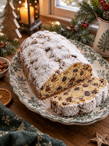 Christstollen mit Puderzucker und aufgeschnittener Scheibe auf einer Tortenplatte