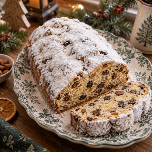 Christstollen mit Puderzucker und aufgeschnittener Scheibe auf einer Tortenplatte