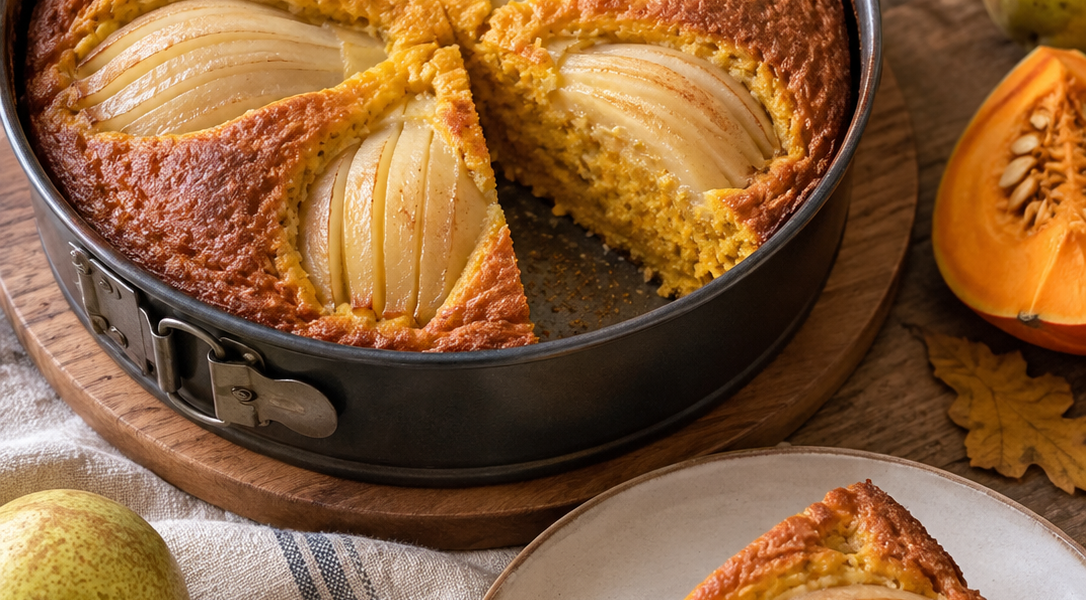 Birnen-Kürbis-Kuchen mit Birnenspalten in saftigem Kürbisteig