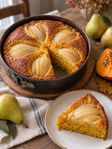 Birnen-Kürbis-Kuchen mit Birnenspalten in saftigem Kürbisteig