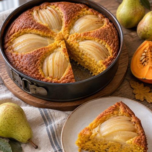 Birnen-Kürbis-Kuchen mit Birnenspalten in saftigem Kürbisteig