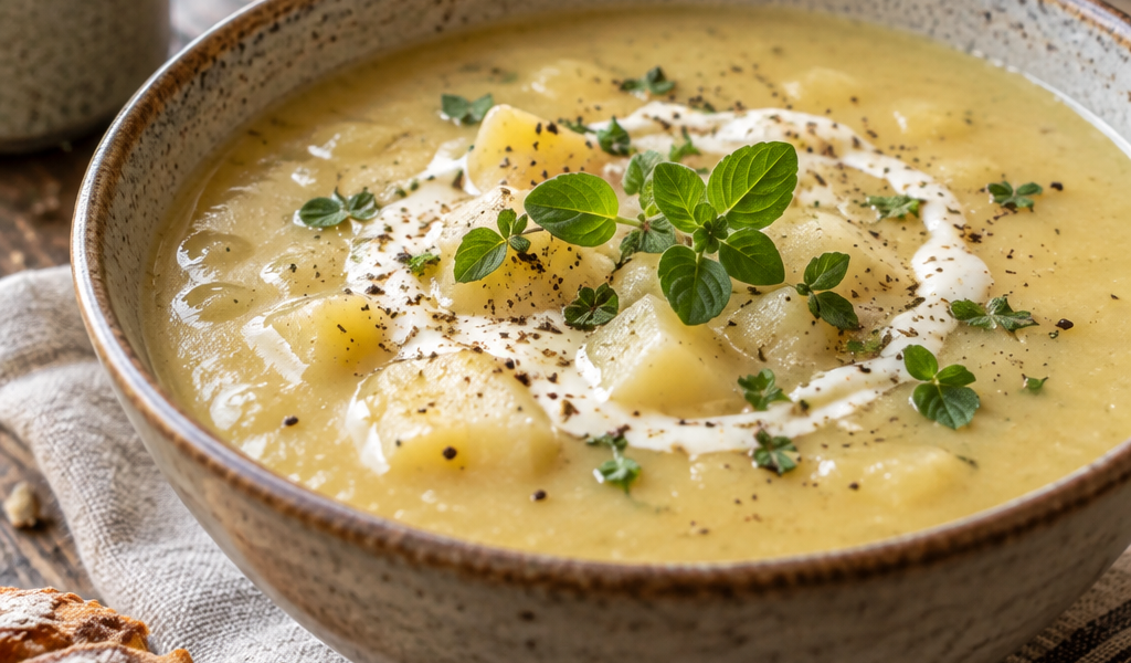 Cremige Kartoffelcremesuppe mit frischem Majoran und einem Klecks Schmand; KI-generiertes Rezeptbild