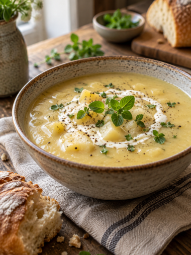 Cremige Kartoffelcremesuppe mit frischem Majoran und einem Klecks Schmand; KI-generiertes Rezeptbild