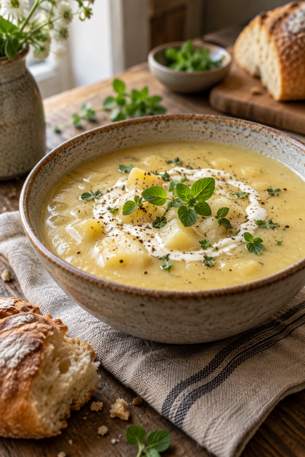 Cremige Kartoffelcremesuppe mit frischem Majoran und einem Klecks Schmand; KI-generiertes Rezeptbild