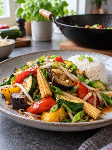 Buntes Wokgemüse mit Reis