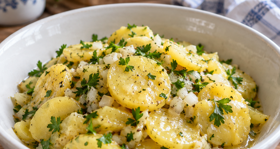 Österreichischer Kartoffelsalat mit Zwiebeln und Petersilie