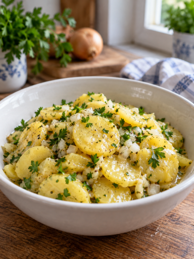 Österreichischer Kartoffelsalat mit Zwiebeln und Petersilie