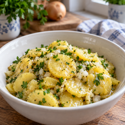 Österreichischer Kartoffelsalat mit Zwiebeln und Petersilie