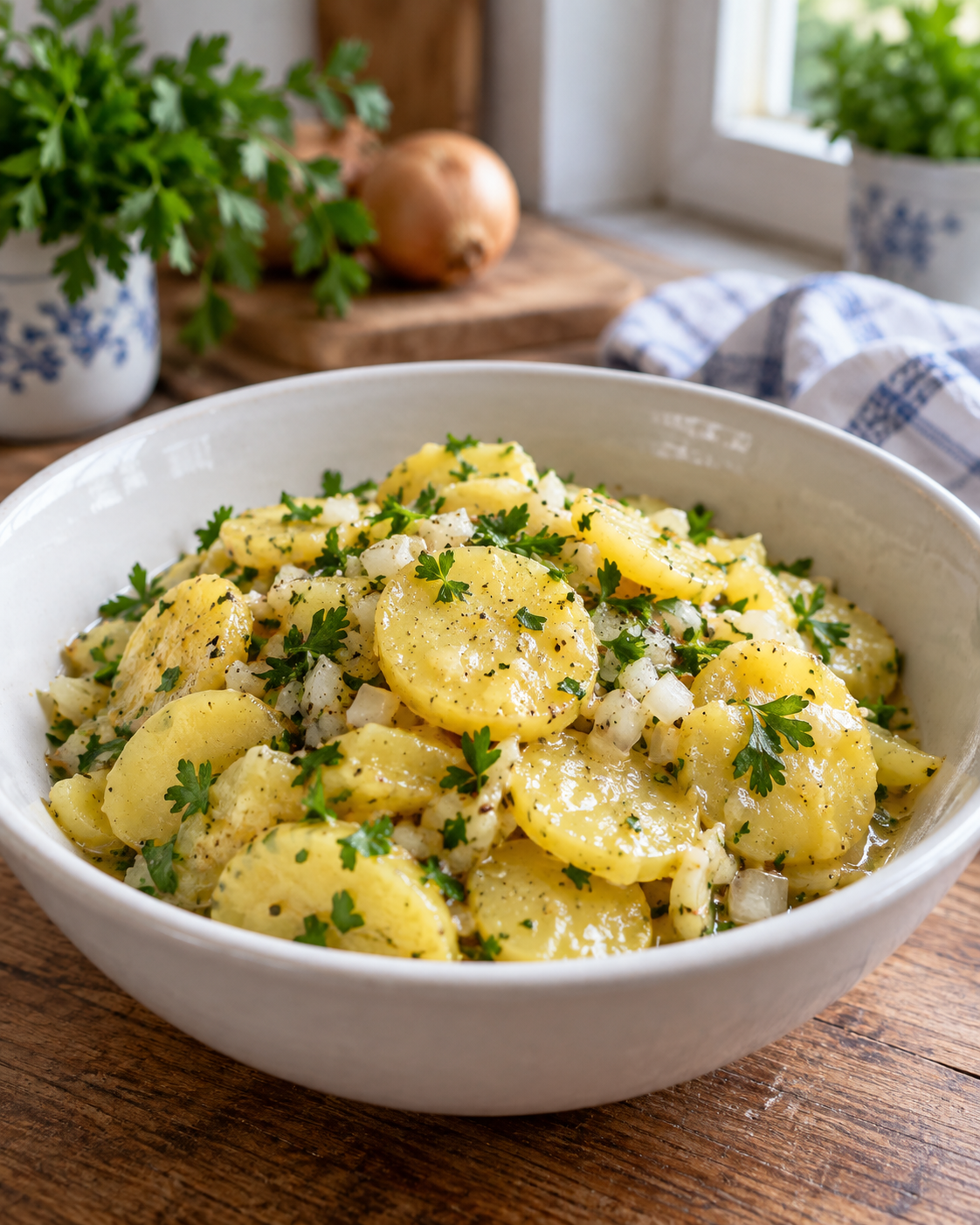 Österreichischer Kartoffelsalat mit Zwiebeln und Petersilie