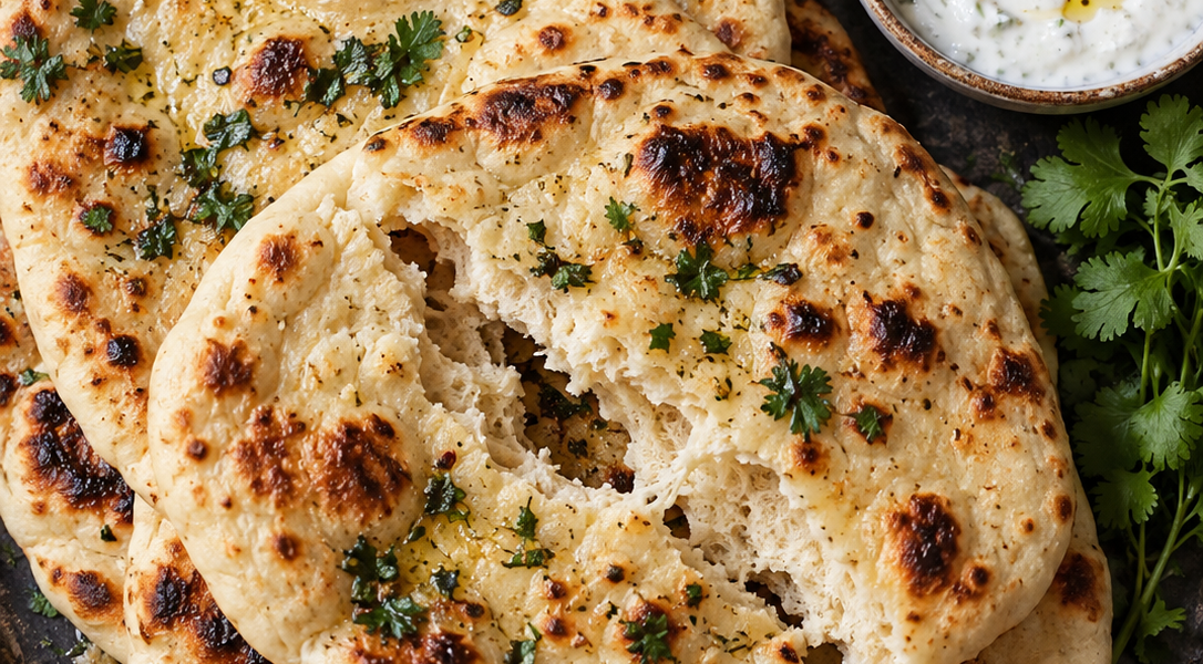 Naan-Fladen auf einem dunklen Backblech, einer angeschnitten mit Joghurtdip