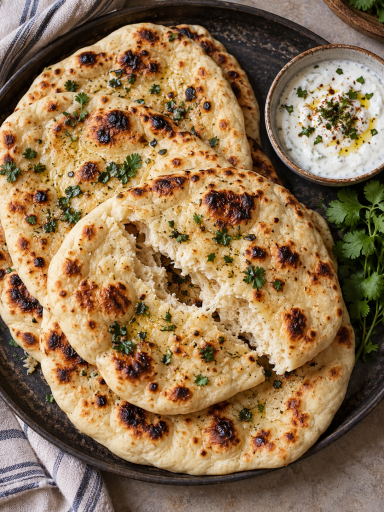 Naan-Fladen auf einem dunklen Backblech, einer angeschnitten mit Joghurtdip
