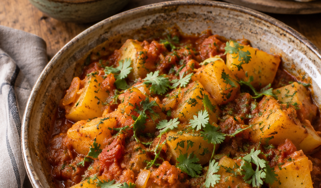 Aloo Masala Kartoffelcurry in pikanter Tomatensoße, serviert mit Joghurt-Minz-Dip und Naan; KI-generiertes Rezeptbild