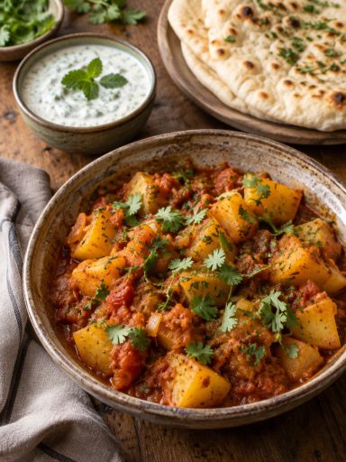 Aloo Masala Kartoffelcurry in pikanter Tomatensoße, serviert mit Joghurt-Minz-Dip und Naan; KI-generiertes Rezeptbild