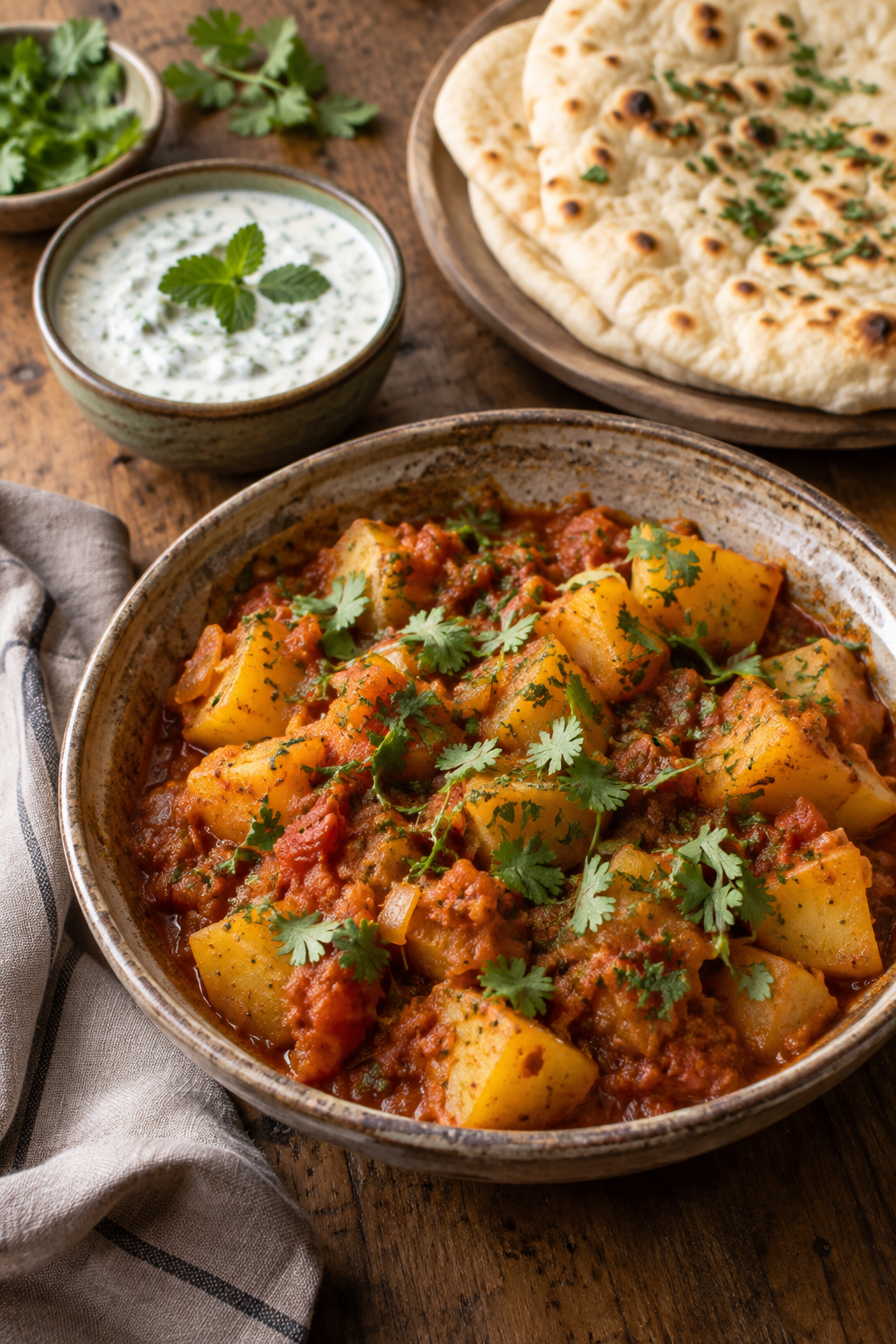 Aloo Masala Kartoffelcurry in pikanter Tomatensoße, serviert mit Joghurt-Minz-Dip und Naan; KI-generiertes Rezeptbild