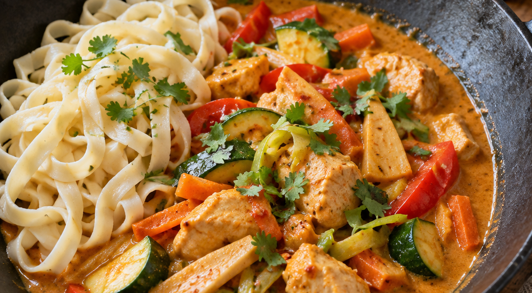 Rotes Thai-Kokos-Curry mit Hühnerfleisch, Gemüse und Bandnudeln in einer Wokpfanne