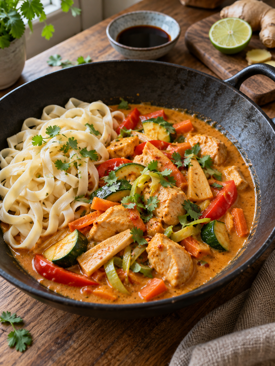 Rotes Thai-Kokos-Curry mit Hühnerfleisch, Gemüse und Bandnudeln in einer Wokpfanne
