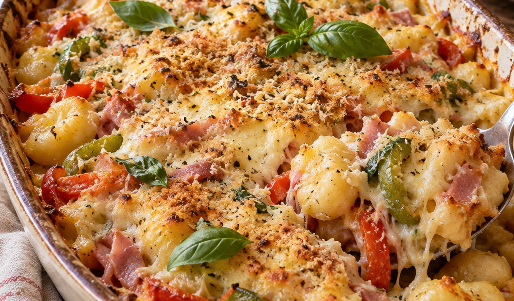 Gnocchi-Auflauf mit Schinken, roter und grüner Paprika und goldbrauner Käsekruste; KI-generiertes Rezeptbild