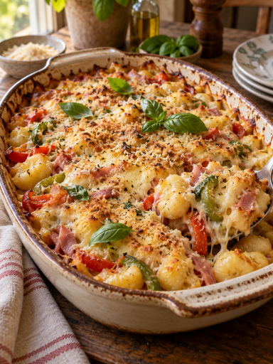 Gnocchi-Auflauf mit Schinken, roter und grüner Paprika und goldbrauner Käsekruste; KI-generiertes Rezeptbild