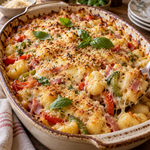 Gnocchi-Auflauf mit Schinken, roter und grüner Paprika und goldbrauner Käsekruste; KI-generiertes Rezeptbild