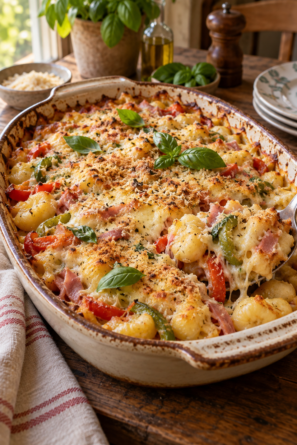 Gnocchi-Auflauf mit Schinken, roter und grüner Paprika und goldbrauner Käsekruste; KI-generiertes Rezeptbild
