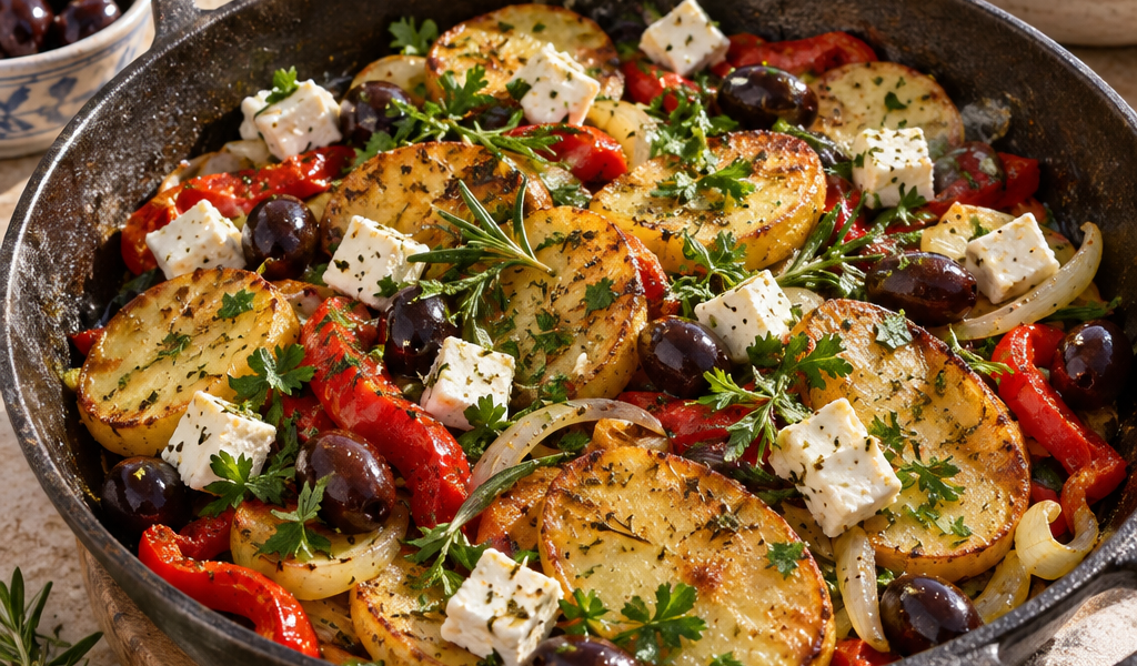 Vegane griechische Kartoffelpfanne mit Paprika, schwarzen Oliven, veganem Hirtenkäse und Petersilie; KI-generiertes Rezeptbild