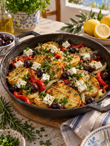 Vegane griechische Kartoffelpfanne mit Paprika, schwarzen Oliven, veganem Hirtenkäse und Petersilie; KI-generiertes Rezeptbild