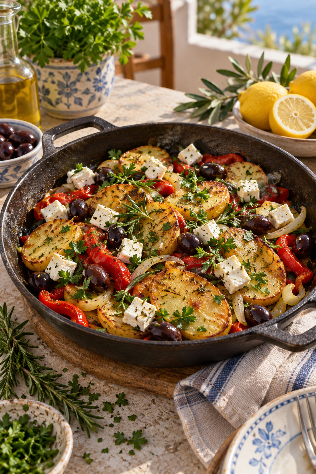 Vegane griechische Kartoffelpfanne mit Paprika, schwarzen Oliven, veganem Hirtenkäse und Petersilie; KI-generiertes Rezeptbild
